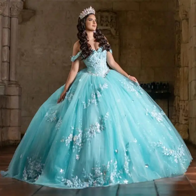 Water Blue Off The Shoulder Princess Ball Gown Quinceanera Dress Classic Applique Lace Beads Tull Sweet 16 Dress Vestidos 15 De