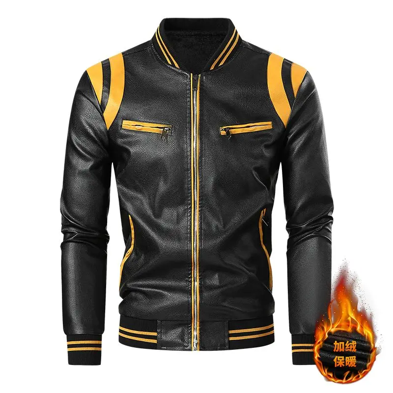

Men's Leather Casual Jacket Vintage Men's Stand-Up Collar Windproof Motorcycle Riding Fleece Leather Jacket