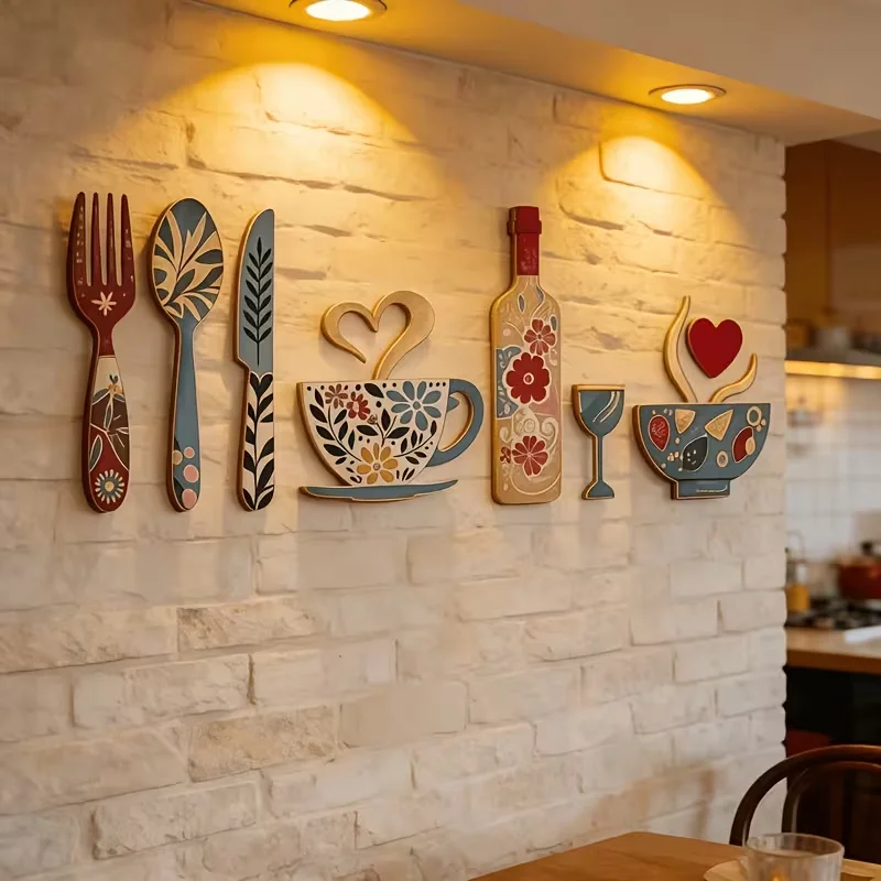 7-piece creative wooden wall decor set, featuring fork, cup and wine glass patterns - suitable for kitchen wall decoration.