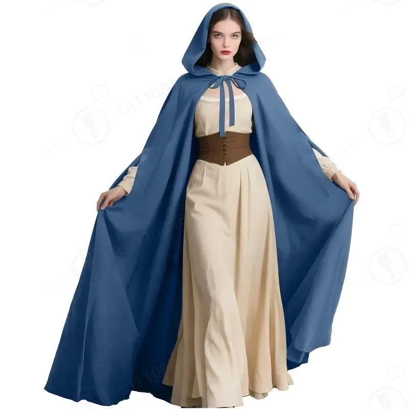Medieval Retro Hooded Robe Cloak Polyester Long Tunic Outfit for Halloween Carnival LARP Renaissance Cosplay Costume