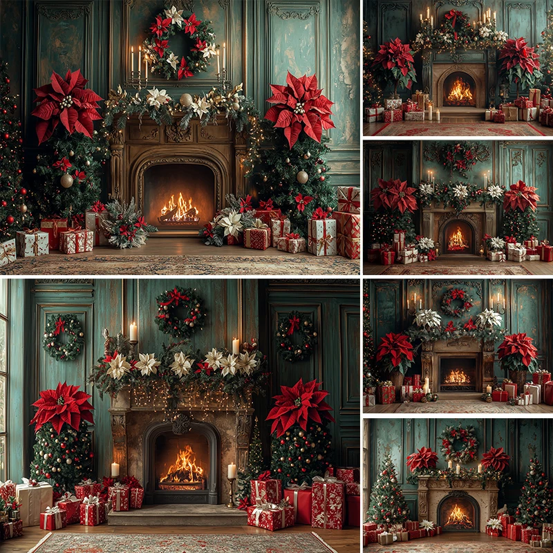 

LS Retro Christmas Fireplace Background Photography Xmas Tree Gift Green Wall Backdrop Winter Kids Family Photozone Studio