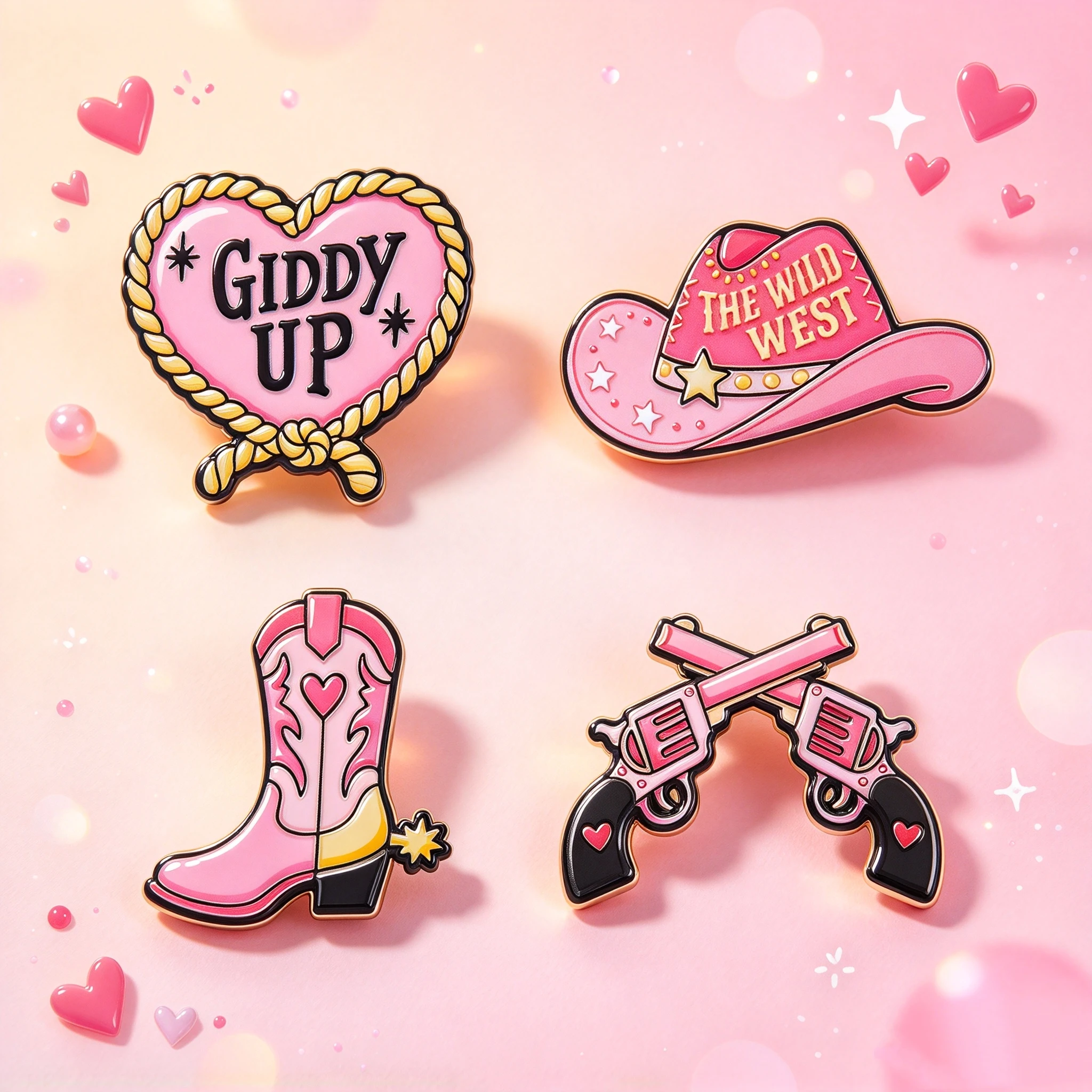 4Pcs Pink Western Cowboy Enamel Pins, Heart Cowboy Hat Boot Cartoon Brooch, Cute Decor Badge for Backpack & Clothes
