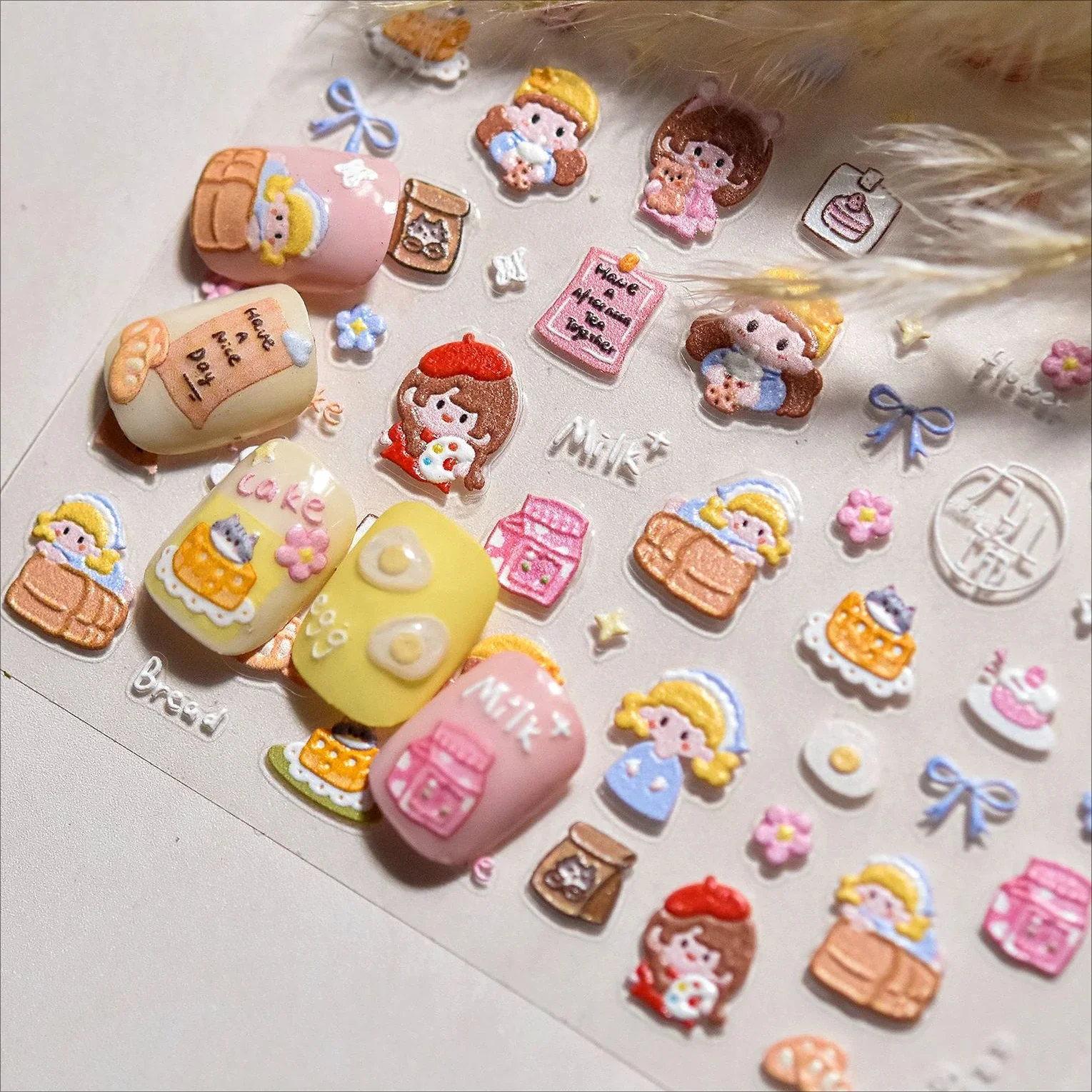 Dressy Girl Gal Woman Cat Egg Stick Milk Tea Flower Chic Cheese Cake Food Self Adhesive Nail Art Stickers Coffee Manicure Decals