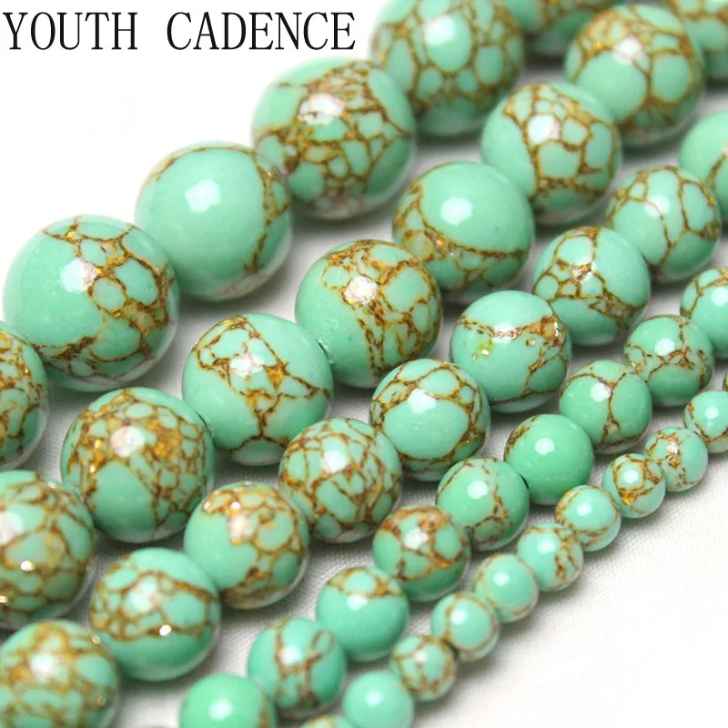 

Natural Gem Green Gold Line Turquoises Round Loose Stone Beads For Jewelry Making 4-12mm Spacer Beads Diy Bracelet Necklace