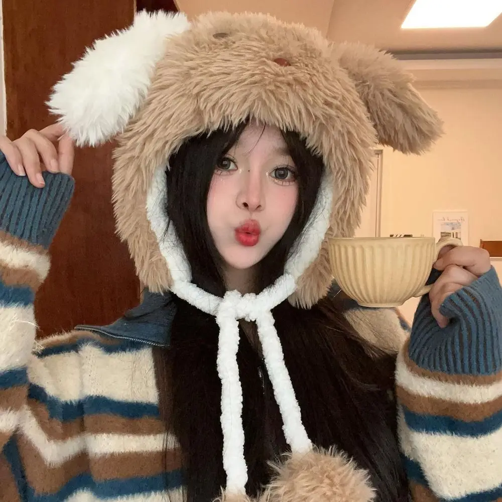 Outdoor Animal Plush Puppy Hat Korean Style Fashion Design Cartoon Fleece Hat Muffler Cloth Accessories Ear Protection Hat Kid