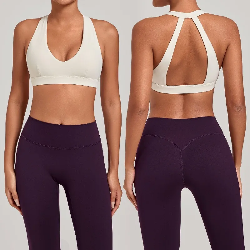 

New Samless Women's Gym Workout Sports Bras Gathering Anti-Shake Halter Strap Yoga Bra Tight Outdoor Sports Running Fitness Top