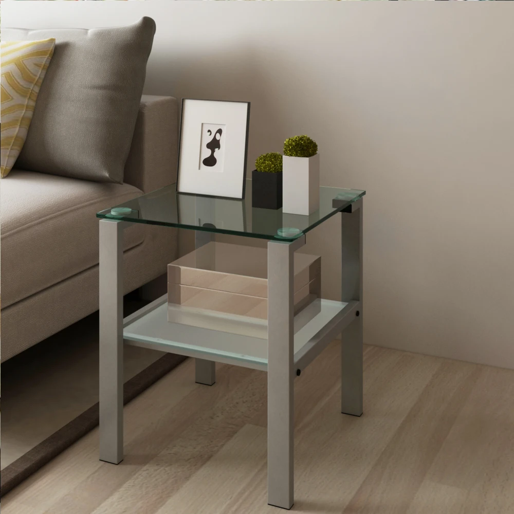 Glass Two Layer Tea Table, Small Round Table, Bedroom Corner Table, Living Room Grey Side Table