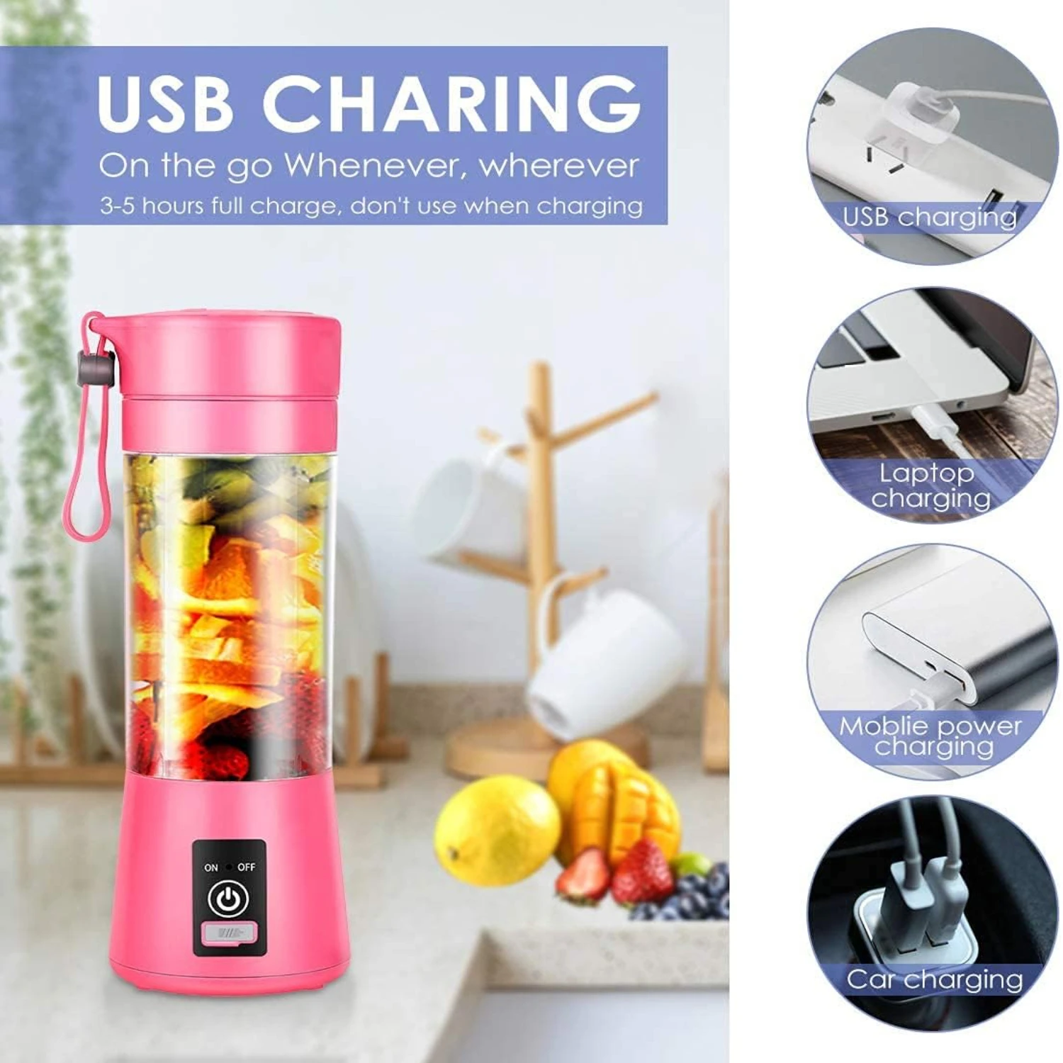 Mini licuadora mezcladora de jugo recargable por USB portátil - Taza exprimidora de viaje de 380 ml