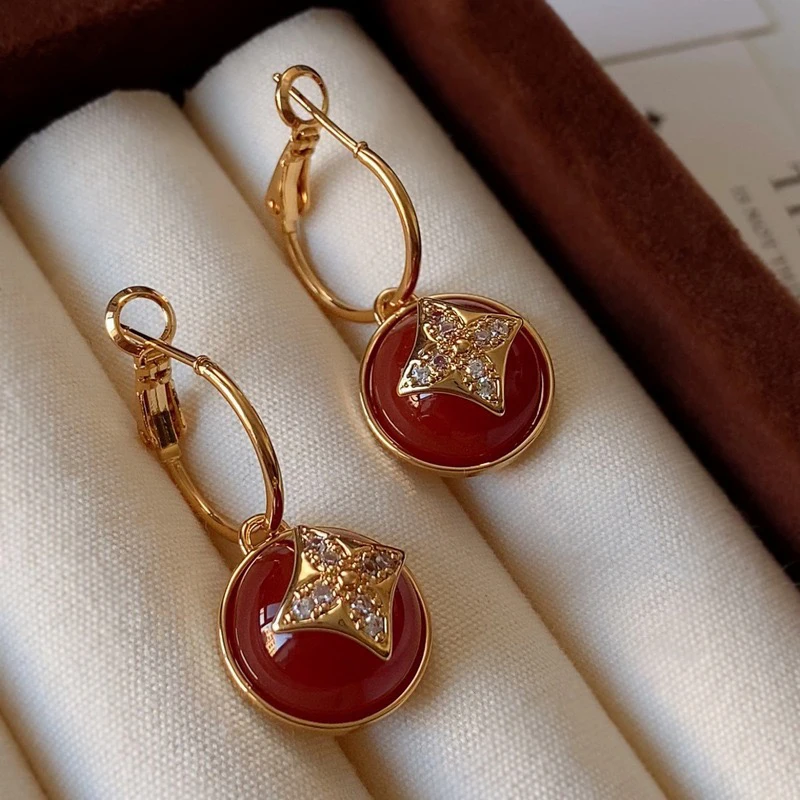 

Angola red retro niche high-end sense light luxury long temperament earrings women