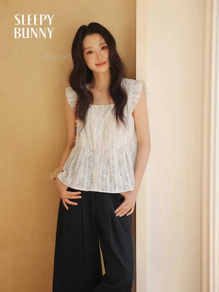 

Square Neck Ruffle Sleeve Blouse Women Summer Sweet French Style Button Front Short Flowy Top Petite Lightweight Youthful Look