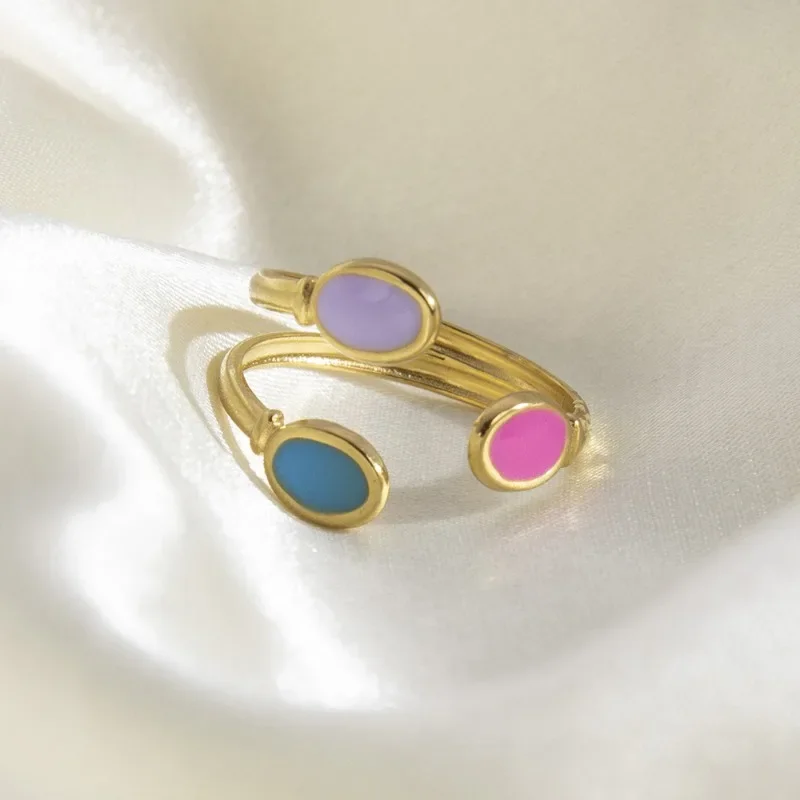 Boho Enamel Geometric Leaf Sunflower Open Rings Gold Plated Stainless Steel Rings For Women Aesthetic Couple Party Jewelry Gifts