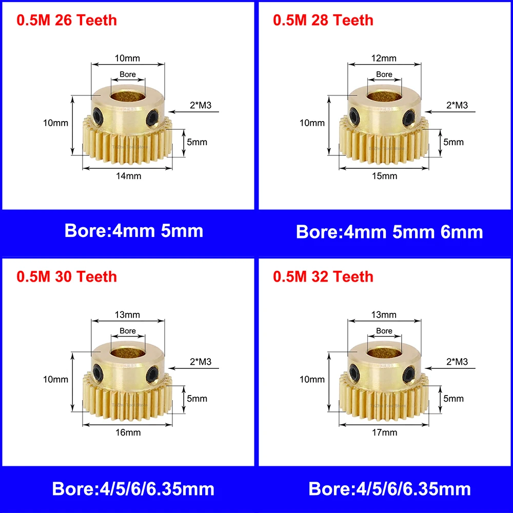 1Pcs 0.5Mod 20T-60T Pinion Gear Step Spur Gear Brass 0.5 Mod 20 Teeth - 60 Teeth Bore 4/5/6/6.35/7/8/10/12/14/15mm