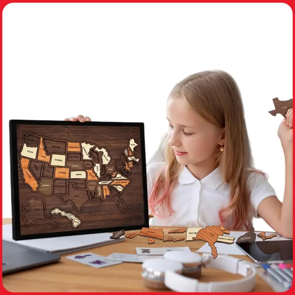 

Wooden USA Maps Puzzle Reusable Landmarks Cork Travel Map Interactive Geography Learning Toy for Couples And Families Gift