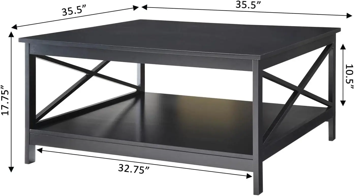 Oxford-Table basse carrée 36 pouces, noire, avec étagère