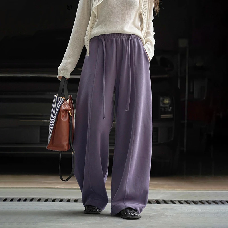 

FANAN Korean Style Elastic High Waist Straight Pants For Women Drawstring Design Wide Leg Trousers Fashion 2025 Winter New