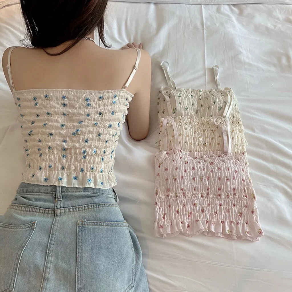 Summer Sweet Floral Printed Camisole Woman Spaghetti Strap Tank Top Female with Built In Bra Corset Vest with Padded