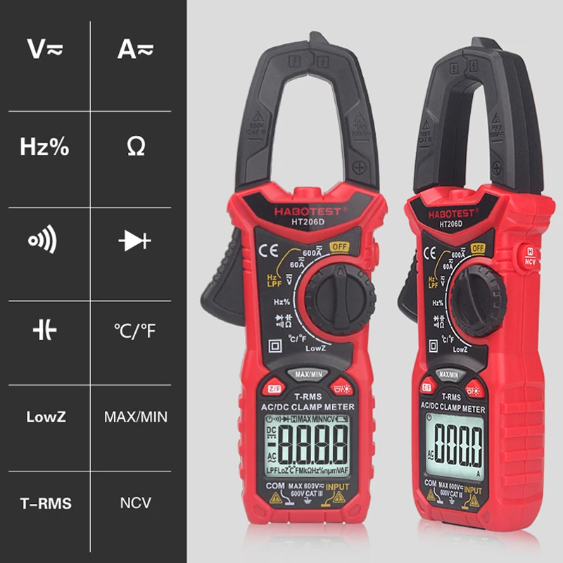 HABOTEST Digital Clamp Meter HT206A HT206B HT206D 600A AC DC Current Two-color Backlight NCV Voltmeter Ammeter With Leather Case