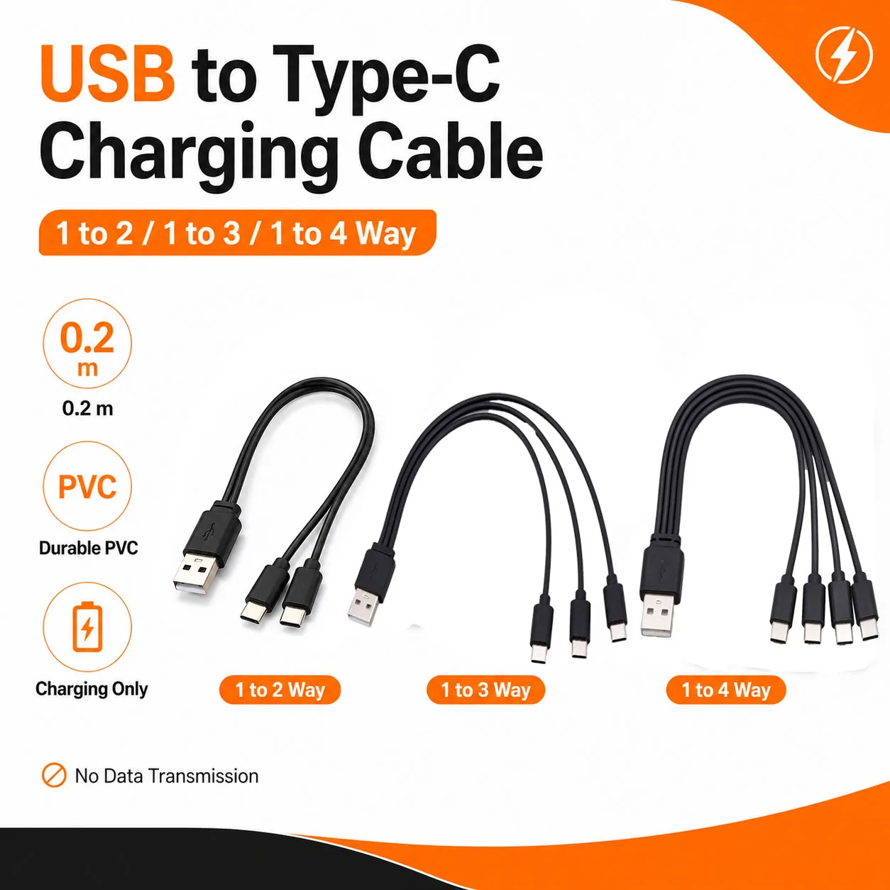 2in1 3in1 4in1 Multi Charging Cable USB to 2 3 4 way  Type C Short power Charger Cord Universal 4Ports USB C Splitter Cable