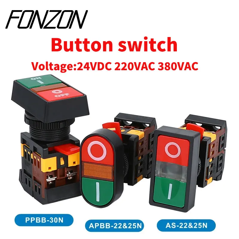 Momentary Double Head Push Button Switch With LED Lamp 22/25mm 24V 220V 380V ON/OFF START STOP 1NO 1NC 2 Buttons