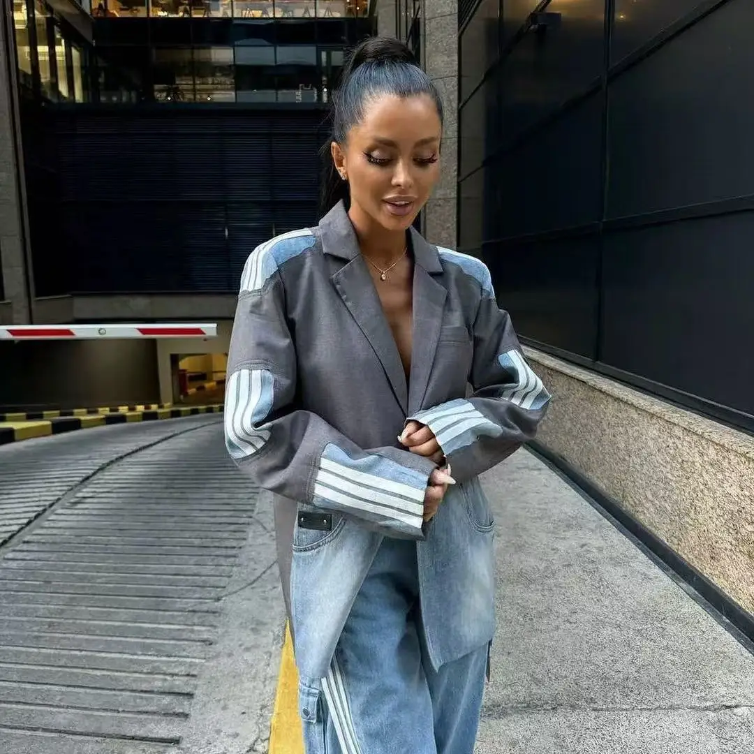 SuperAen Herfst Nieuwe Koreaanse stijl Mode dames Denim Patchwork Notched Single-knop Ontwerp Past High Street Casual Blazers