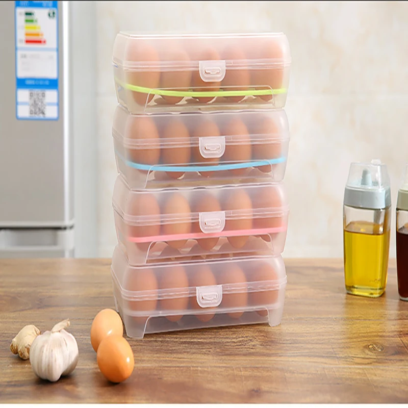 15 Grid Egg Storage Box Egg Box Tray with Lid Drawer Egg Carton PP Cases Refrigerator Cases Compartment Storage Egg Rack Support