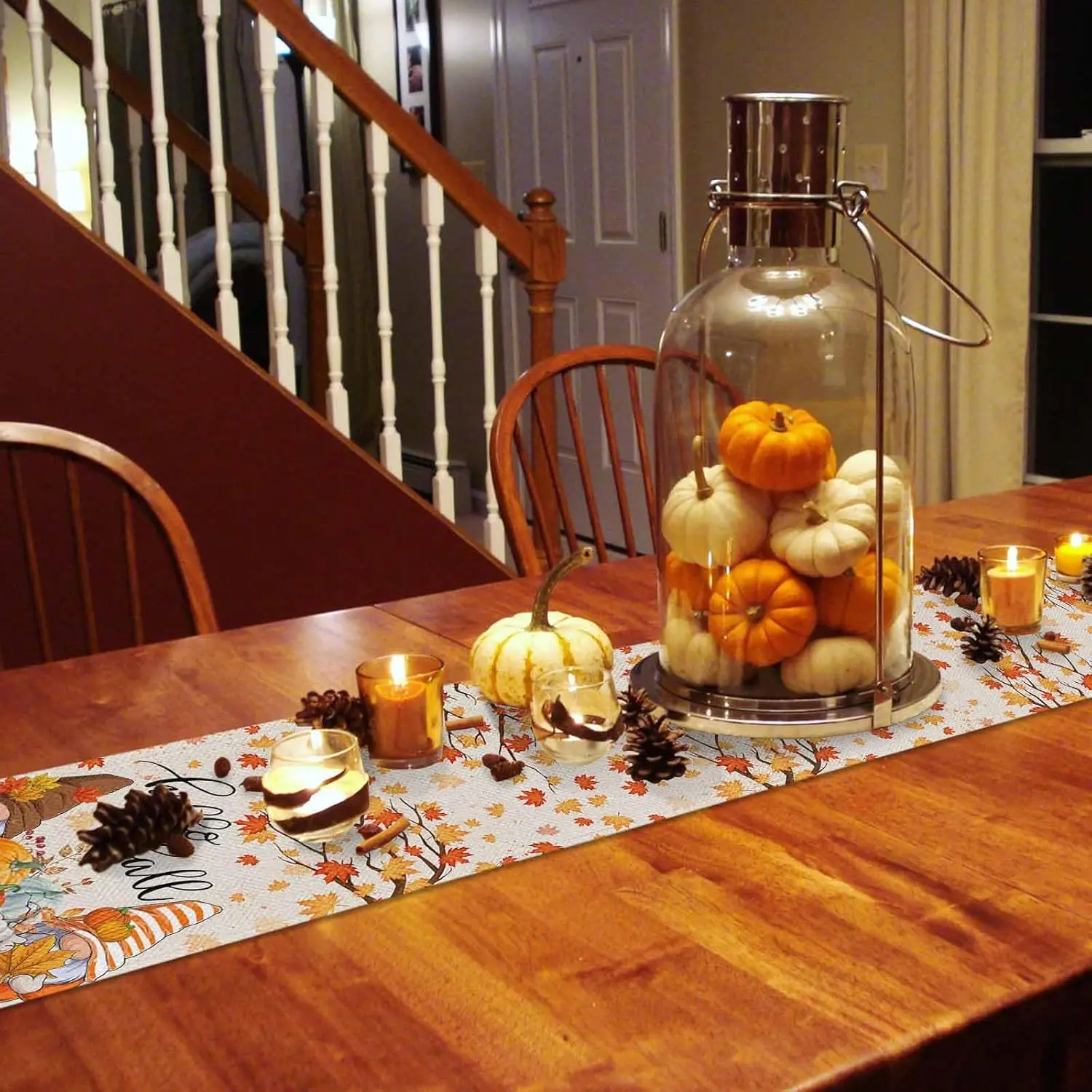 Autumn Gnome Pumpkin Thanksgiving Linen Table Runner Hello Fall Maple Leaf Table Runner Holiday Party Kitchen Dining Table Decor