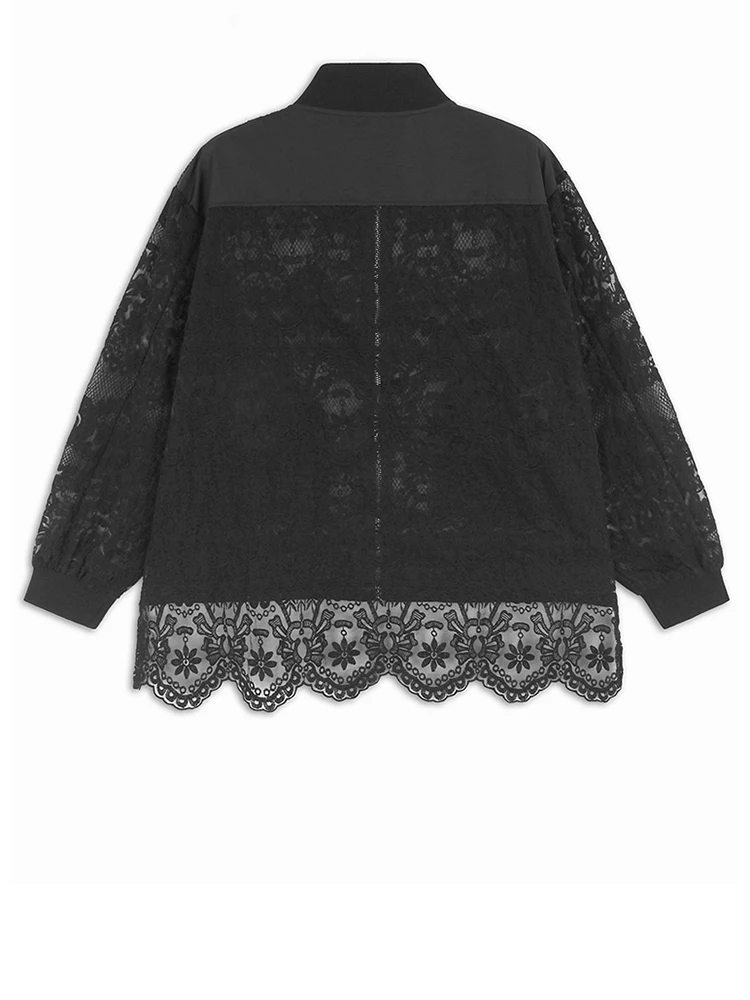 [EAM] Black Lace Perspective Big Size Jacket New Stand Collar Long Sleeve Women Coat Fashion Tide Spring Autumn 2024 1DH7245