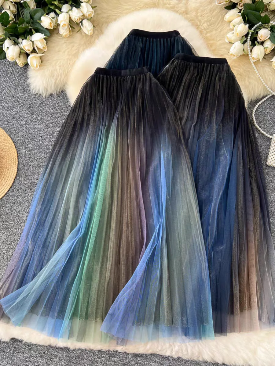 

Блестящая градиентная тюлевая юбка А-силуэта, элегантная французская миди-юбка, плиссированная сетчатая юбка в богемном стиле для повседневной носки