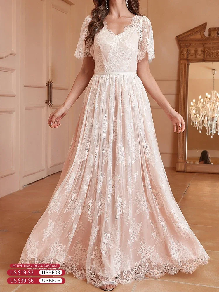 2024 Spring Summer Women's Pink Lining White Lace Backless Wedding Bridesmaid Dress Long Vestidos De Fiesta