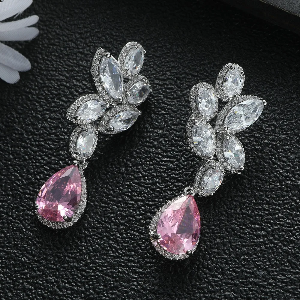 

Cut Flower Zirconia Crystal Long Drop Earrings for Women Shiny Leaf CZ Stone Bridal Wedding Jewelry