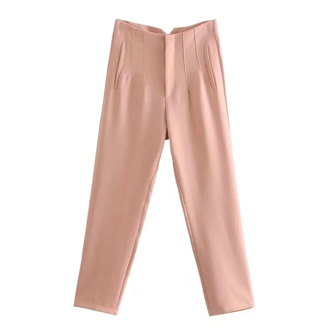 Straight Leg Pants High Waist Full Length Vintage Trousers for Women - Orange Pink
