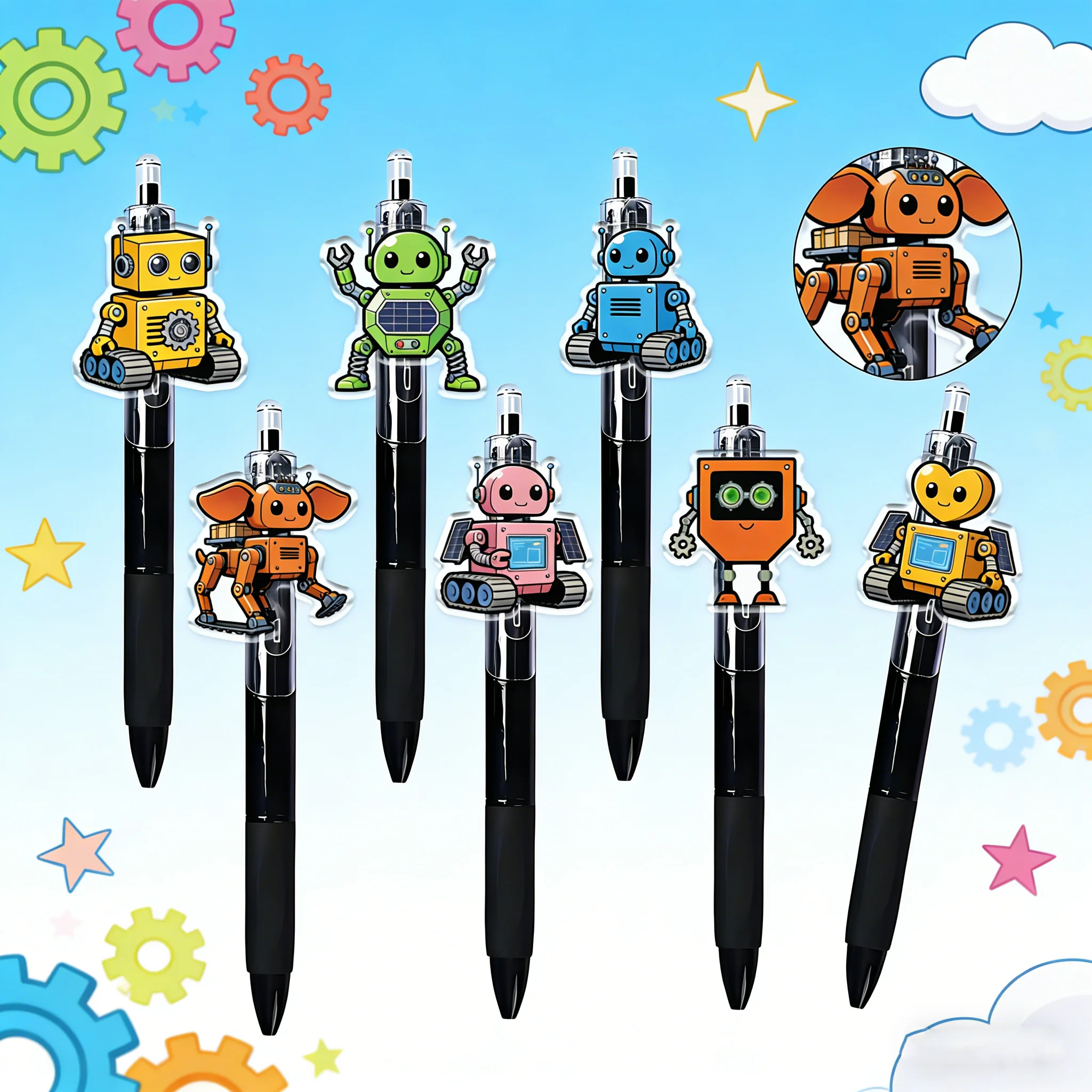 

7pcs/14pcs Cool Robot Pattern Ballpoint Pen Black Series Office Brushing Universal Pen