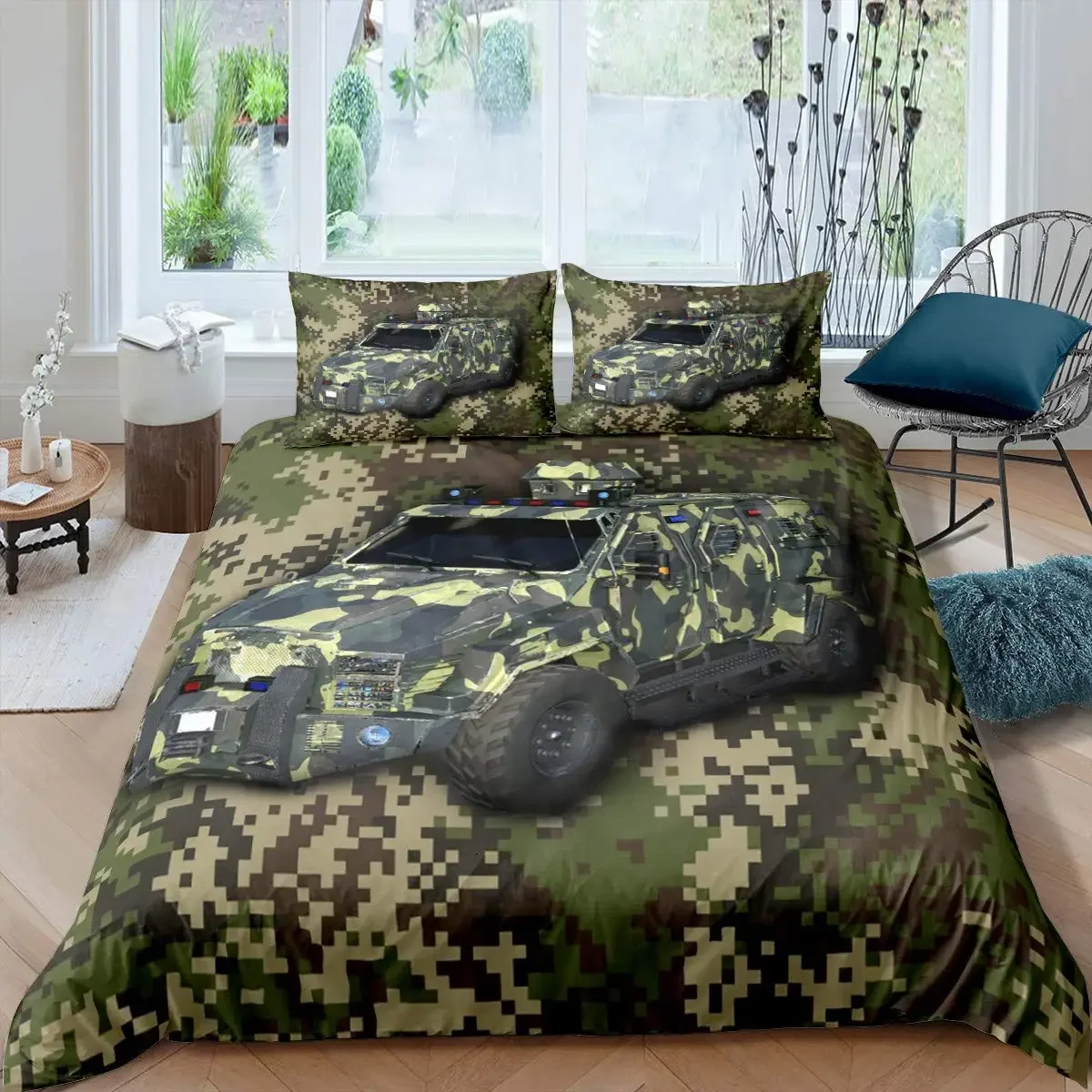 Military Truck Duvet Cover Army Camo for Men Camouflage Car for Kids Boys Bedroom Decoration Green Troop Transport Truck Vehicle