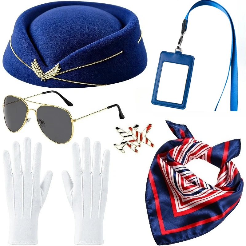 6PCS/SET Flight Attendant Costume Accessories, 6 Pcs Airline Stewardess Costume for Women Girls Halloween Cosplay Party