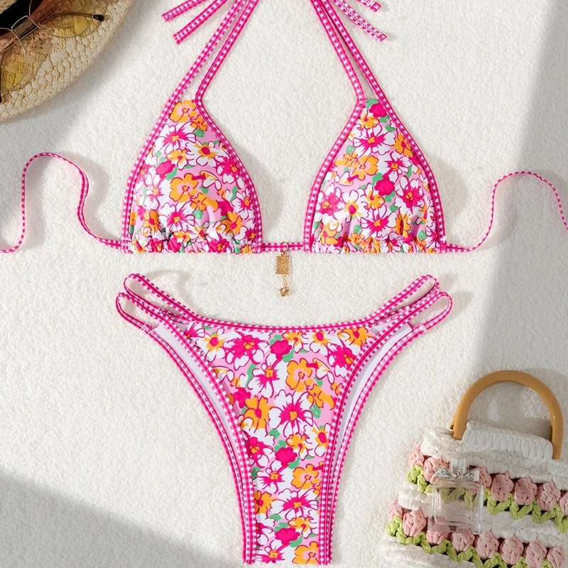 Biquíni floral com estampa rosa sexy férias maiô de duas peças