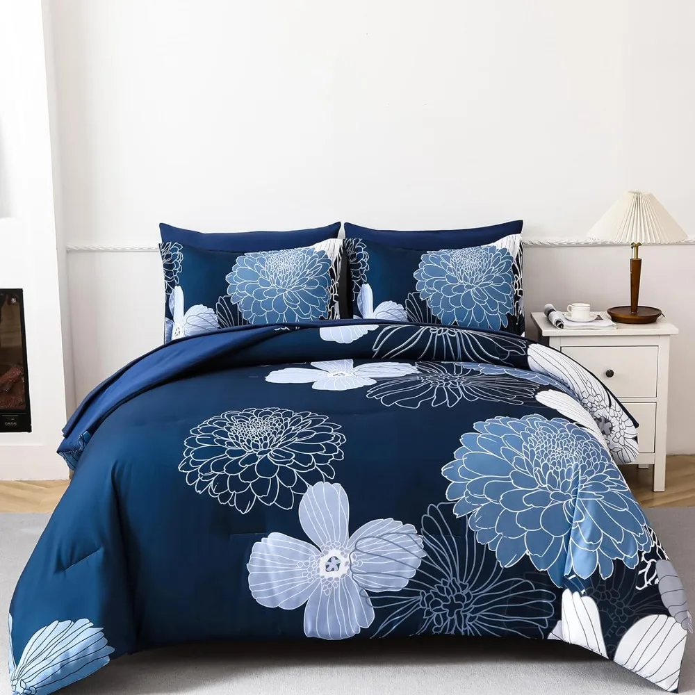 

Blue 7 Pieces Bed in A Bag, Soft Microfiber Complete Bedding Sets Boho Comforter Set for All Season, Queen