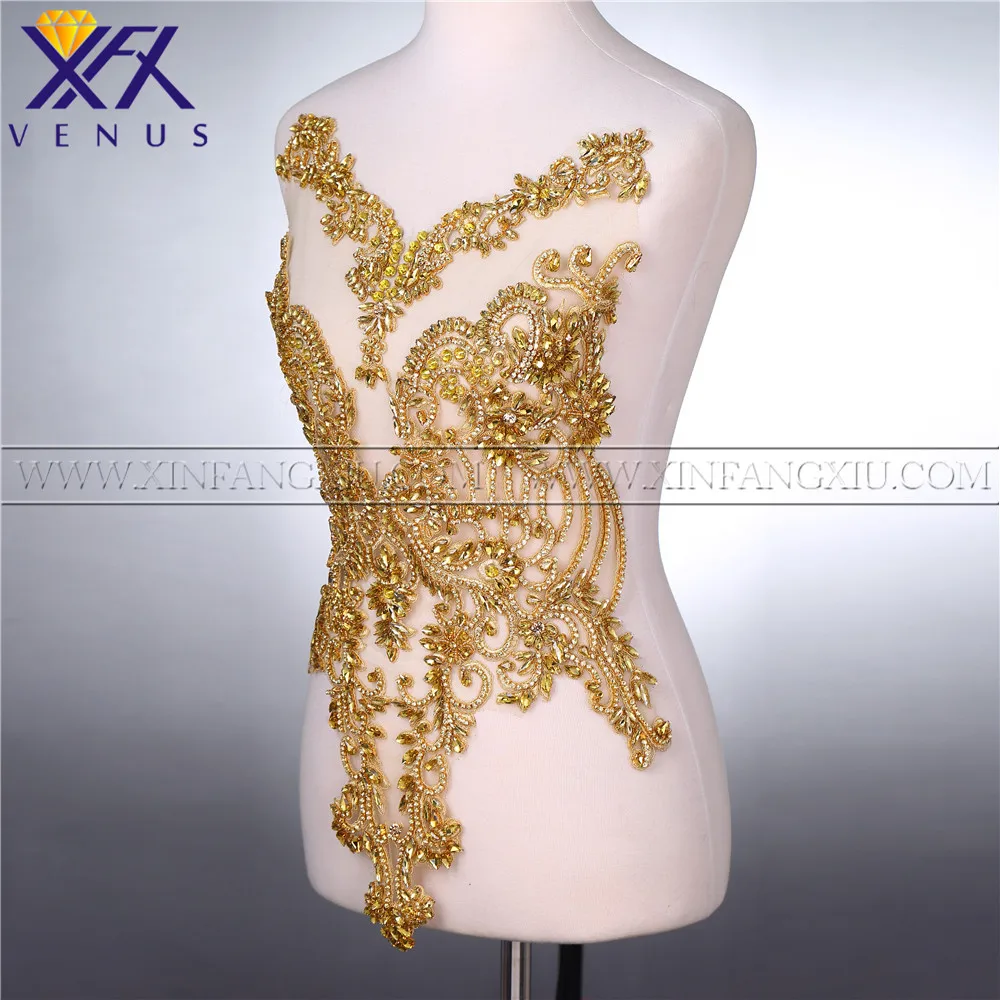 XFX VENUS 1 Piece Solid Gold Crystal  Applique Beaded Rhinestone Patch Dress Embellishment DIY Dress Trim for Bridal Party Dress