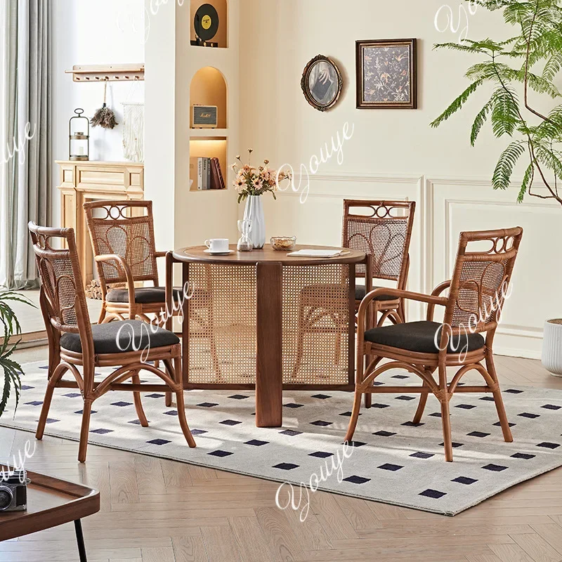 A63 Wabi-sabi style rattan solid wood dining table and dining chairs Medium-sized style small apartment hotel complete set of di