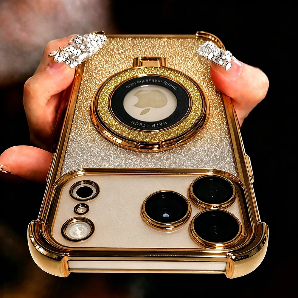 Four Corners for Magsafe Glitter Mirror Magnetic Bracket Plating Soft Case for IPhone 18 16 17 14 15 Plus 13 11 12 Pro Max Cover