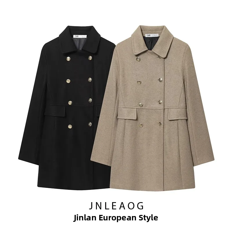 JNLEAOG Modny płaszcz damski z mieszanych włókien, dwurzędowy, jesień, nowość, poliester, długi rękaw