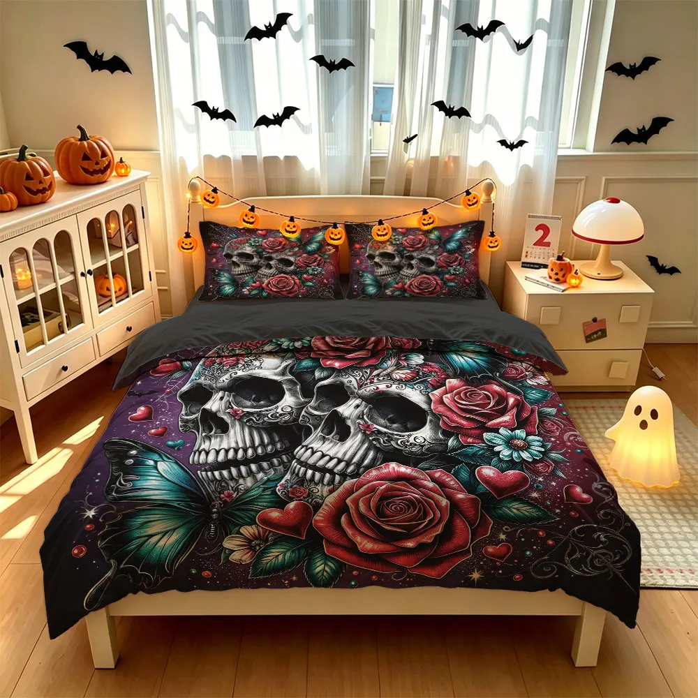 3pcs(1 duvet cover + 2 pillowcases, coreless)with artistic patterns of skulls butterflies, and hearts.in multiple sizes