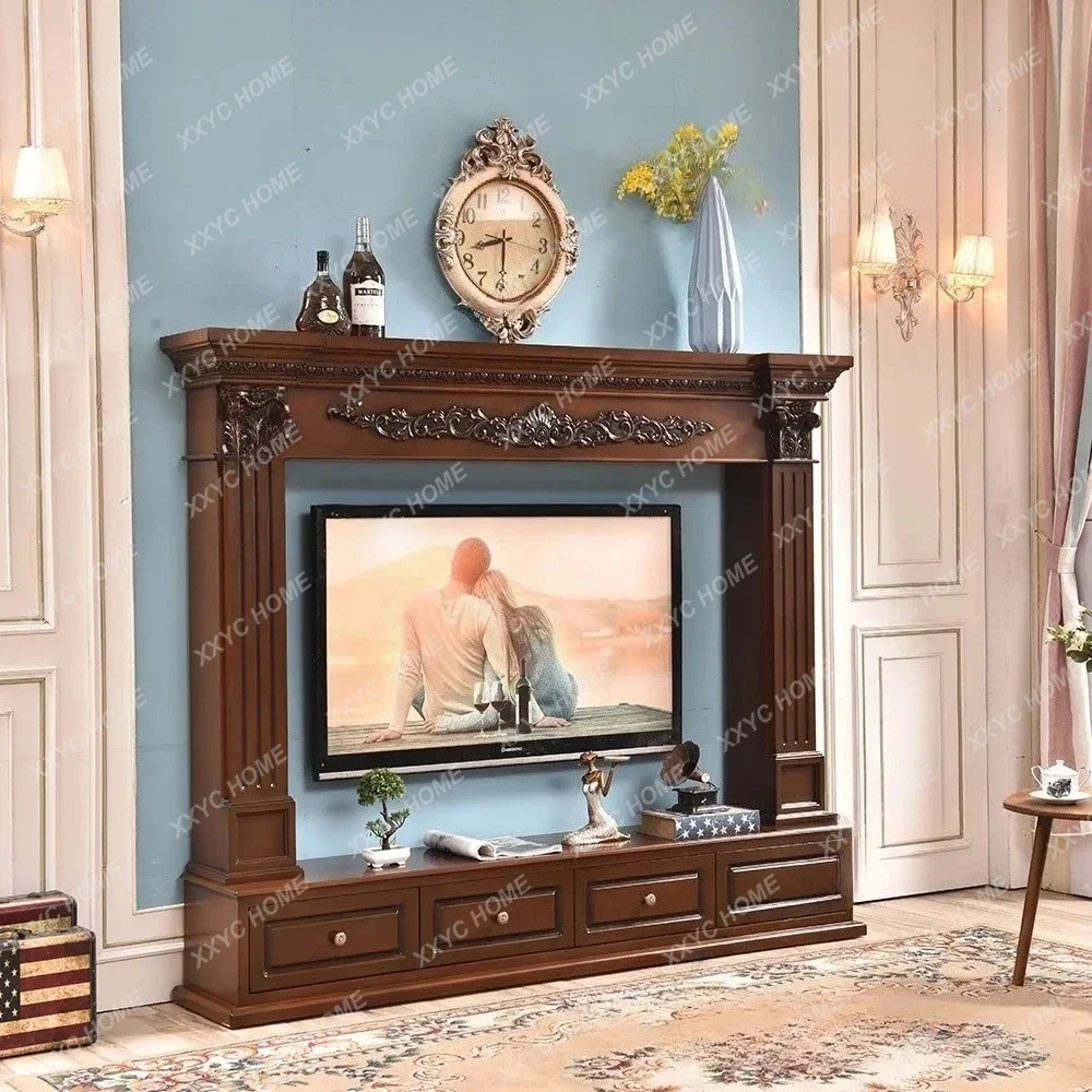 L TV fireplace cabinet  background decoration  retro TV cabinet living room engraved background wall