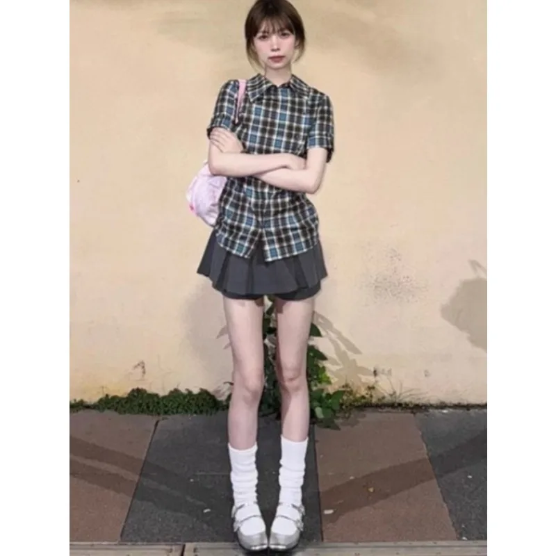 Korean College Style Youthful Sweet Girl Lapel Short Sleeved Plaid Shirt Fashion Pleated Skirt Summer Y2k Harajuku Two-piece Set