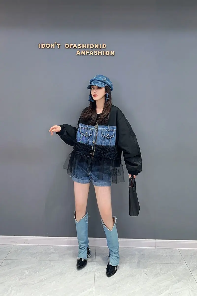 Women Mesh Ruffles Spliced Denim Coat Gauze Ruched Patchwork Baseball Suit Jeans Jacket Loose Streetwear Zipper Cardigan Tops