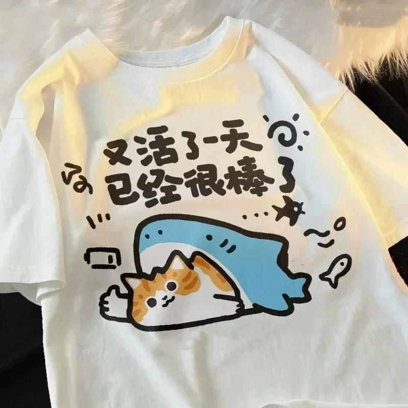 2025 New Cute Low Battery Cat Print T-Shirt Women Summer Round Neck Short Sleeve Aesthetic Casual Daily Basic Graphic Tee Top