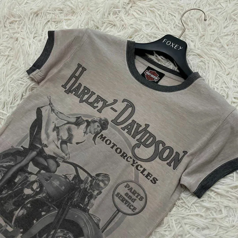 Y2K motorcycle pattern printed garbage girl summer high-end gray top slim fit 2000s Harajuku Gothic short sleeved T-shirt retro