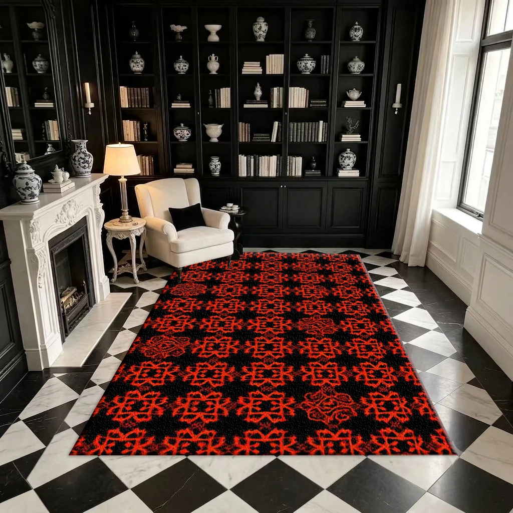 Black Background with Red Ethnic Decorative Carpet, Gothic Retro Geometric Seamless Printed Square Carpet Suitable for Interior Decoration