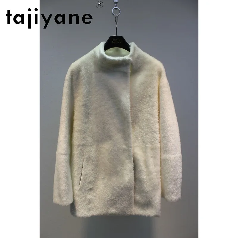 TAJIYAN Rare Snow Peak White Baby Lagun Shearling Fur Coat Women Overcoat Loose Tops Winter Coat Women Soft Real Fur Jacket New