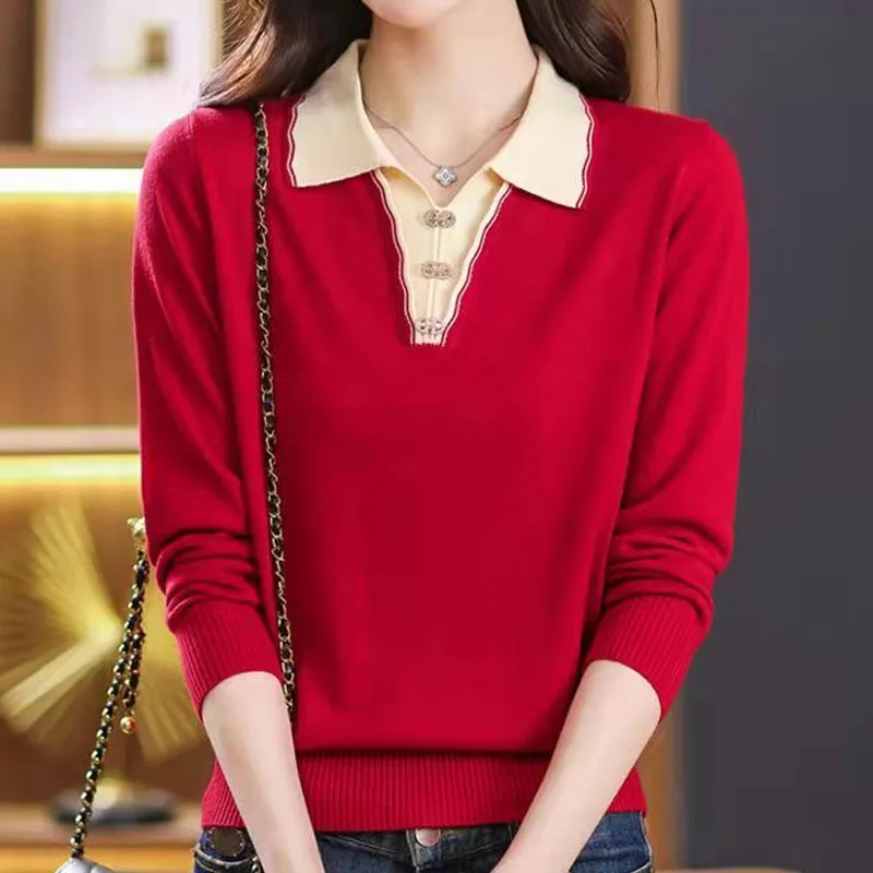 New Spring and Autumn Fashion Splicing Polo Neck Trend Versatile Loose Style Commuter Contrast Color Middle Age Mom Sweater