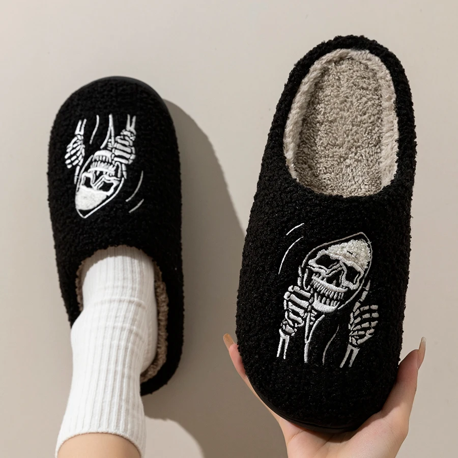 Winter Halloween Funny Skull Face Women Slippers Indoor Bedroom Warm Soft Comfy Slipper Concise Couple Fashion Flat Plush Shoes